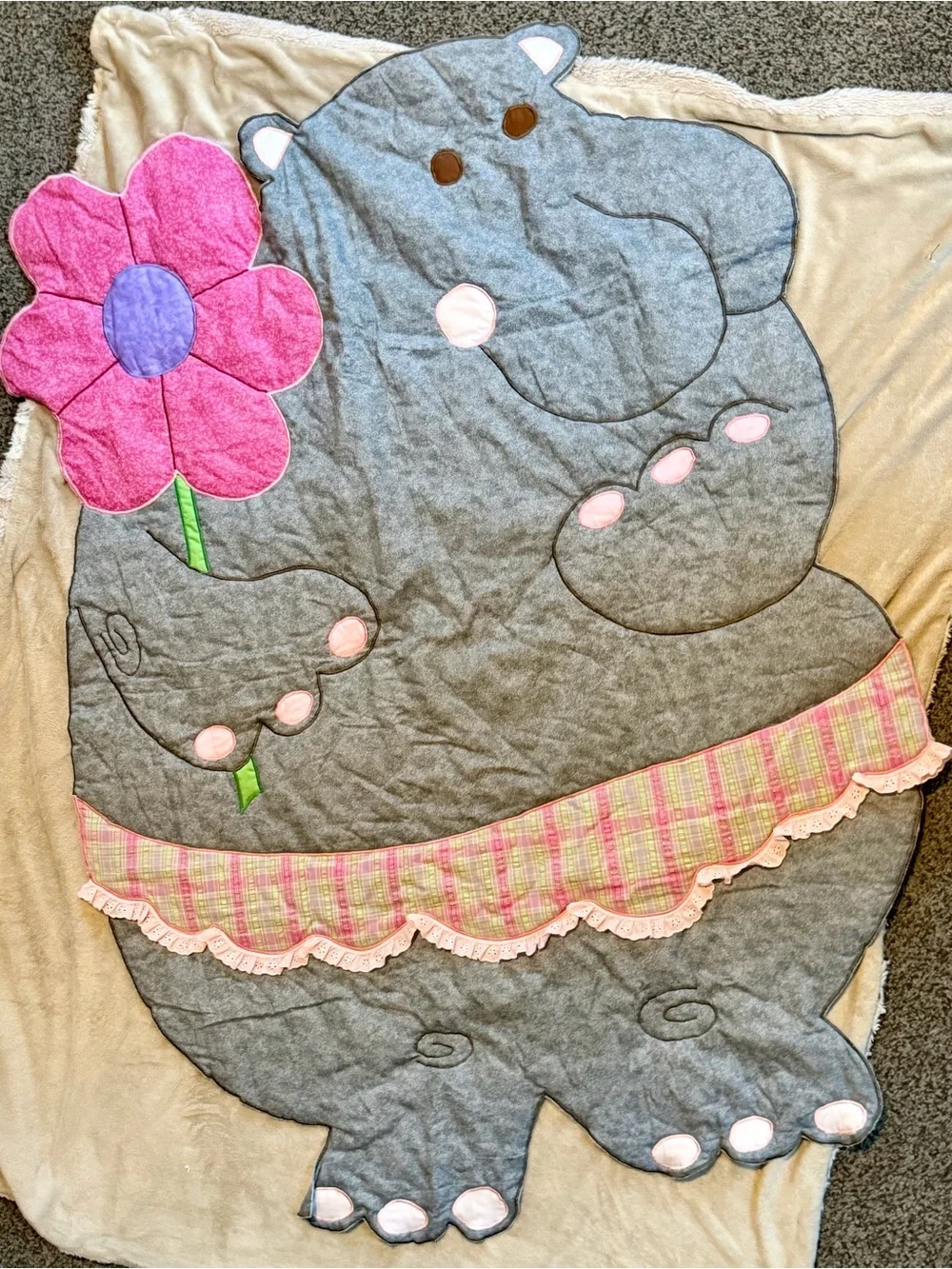 Vintage Handmade Gray Hippo Applique Baby Quilt with Pink Flower